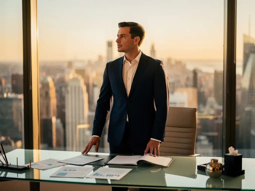 Financieel professional bij kantoorvenster met stadsgezicht, leunend op glazen bureau met jaarverslag en strategische documenten, gouden uursverlichting.