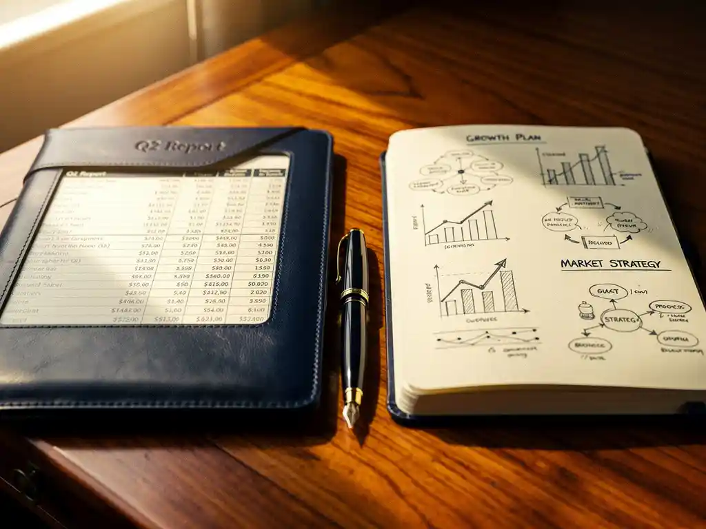 Twee opengeslagen leren notitieboeken op een eikenhouten bureau met financiële cijfers en groeidiagrammen, een vulpen ertussen, warm natuurlijk licht.