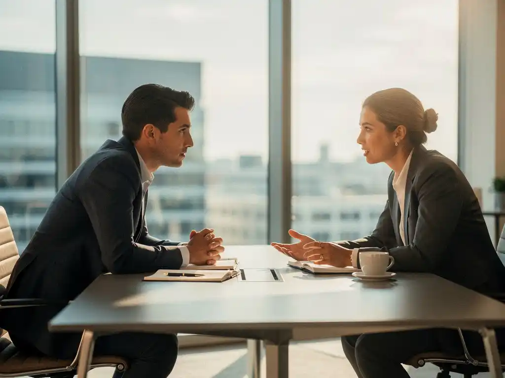 Professional in gesprek met manager aan moderne vergadertafel, notebooks en koffie nabij, warm natuurlijk licht door grote raampartijen.