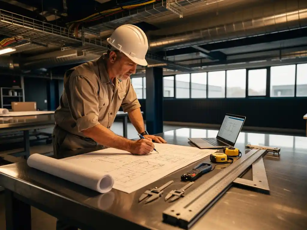 Ingenieur met helm bestudeert mechanische installatietekeningen op stalen werktafel, met laptop en precisiegereedschap in moderne technische werkruimte.