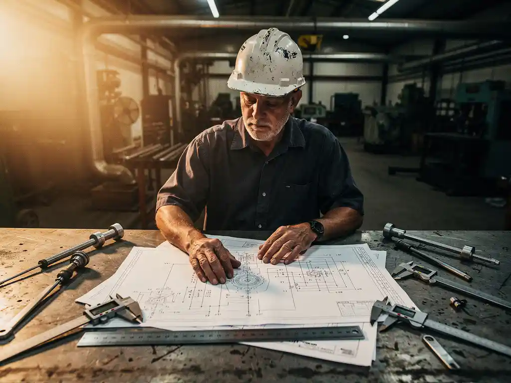 Ervaren ingenieur met veiligheidshelm bestudeert mechanische tekeningen op stalen werkbank in industriële werkplaats.