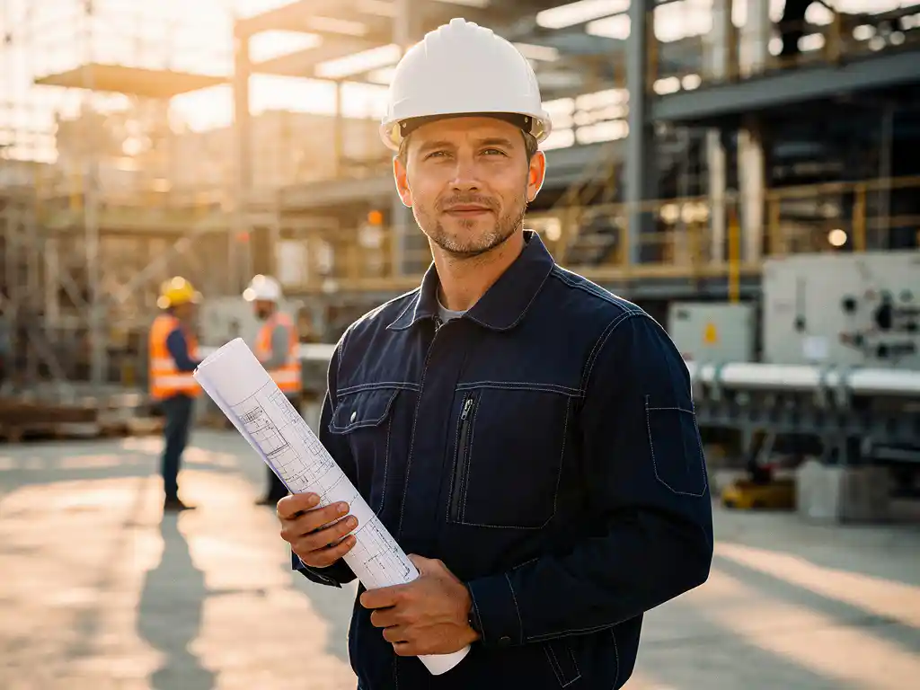 Zelfverzekerde ingenieur met helm en blauwdruk op industriële bouwplaats in gouden avondlicht, collega's op de achtergrond.