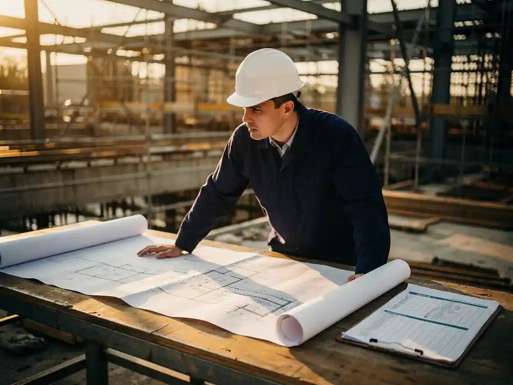 Ingenieur met helm bestudeert blauwdrukken op bouwplaats tijdens gouden uur, clipboard en projectplanning zichtbaar op tafel.