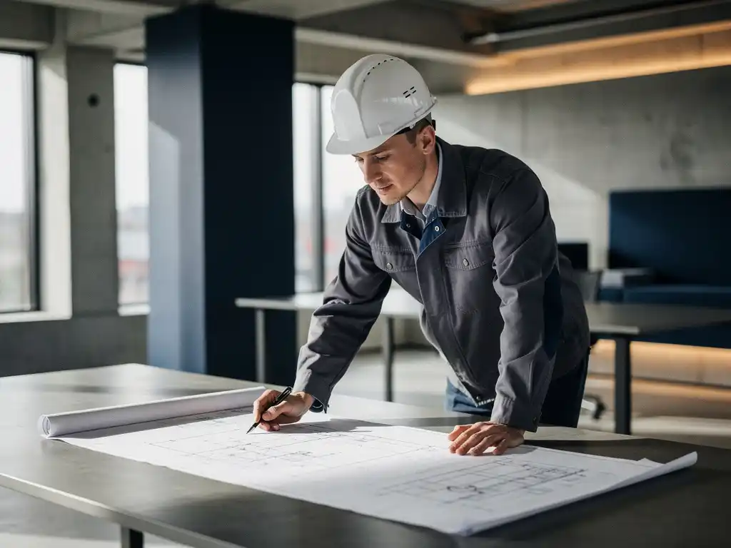 Ingenieur met veiligheidshelm bestudeert technische schema's aan projecttafel in industrieel kantoor.