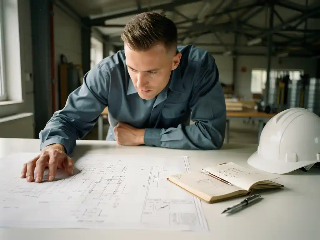 Ingenieur buigt zich over technische schematekening op tekentafel, met notitieboek, mechanisch potlood en helm in industriële werkruimte.