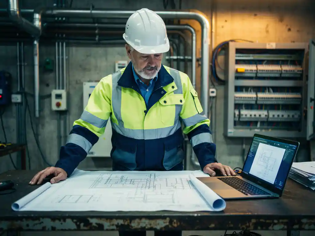 Ingenieur met helm bestudeert technische installatietekeningen op stalen werktafel, laptop en industriële leidingen op achtergrond.