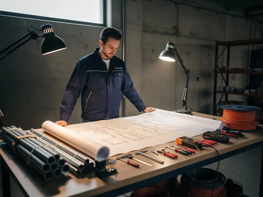 Technisch professional bestudeert installatietekening op werktafel met elektrische kabels, haspels en gereedschap in industriële werkplaats.