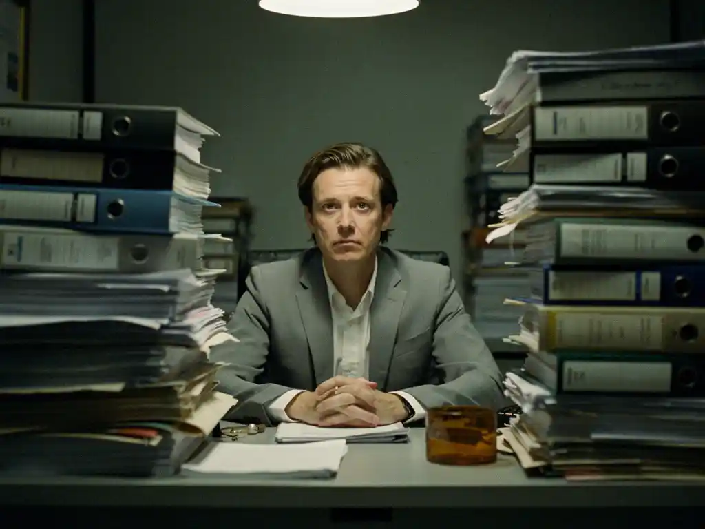 Professional in blazer zit roerloos aan rommelig bureau omringd door stapels papierwerk, gedempte grijze tinten, sfeer van stagnatie.