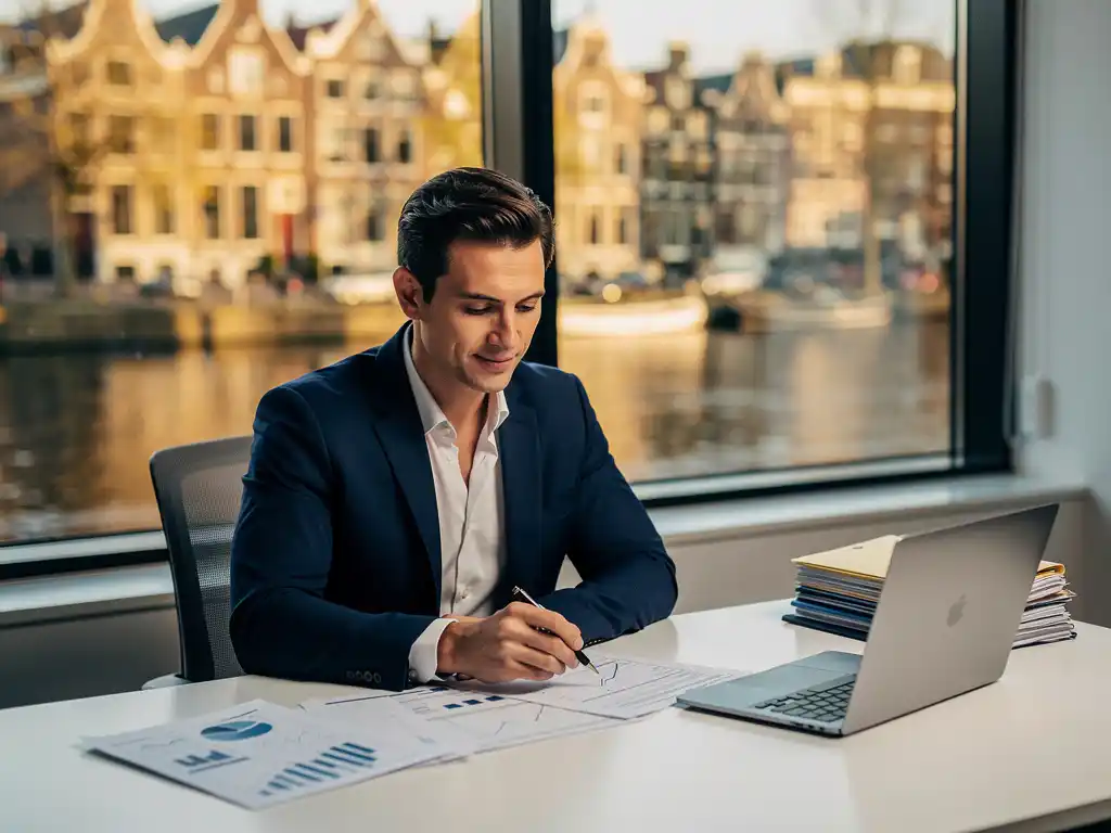 Professional in blazer bestudeert financiële rapporten aan modern bureau met uitzicht op Amsterdamse grachten, gouden middaglicht.
