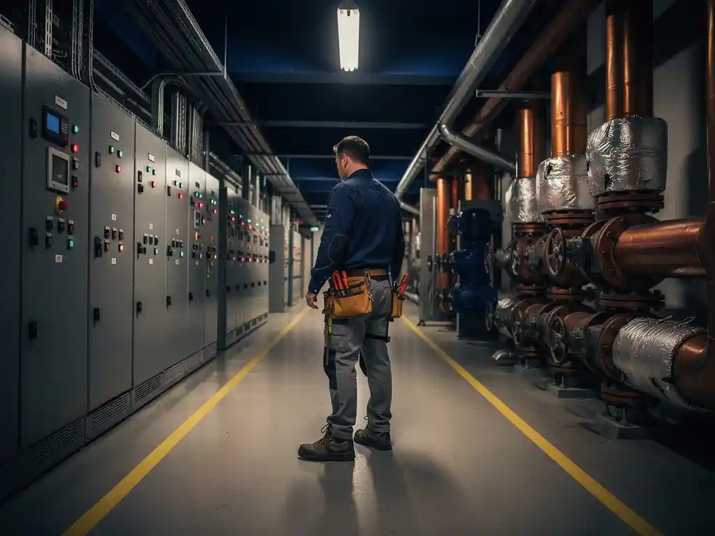 Technicus op kruispunt in industriële gang met elektrische panelen en leidingwerk, gereedschapsriem zichtbaar, warm directioneel licht.