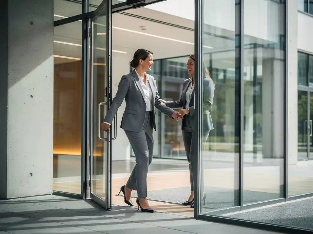 Professional in zakelijk pak stapt zelfverzekerd een modern glazen kantoorpand in Utrecht binnen, begroet door een recruitmentconsultant.