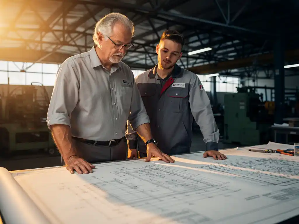 Ervaren ingenieur begeleidt junior collega bij technische tekeningen op een grote werktafel in een industriële werkruimte.