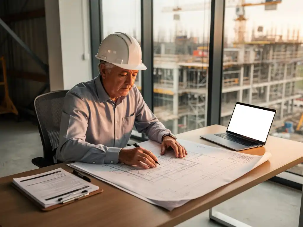 Ervaren ingenieur met helm bestudeert technische blauwdrukken aan bureaublad op moderne bouwplaats, laptop en klembord nabij.