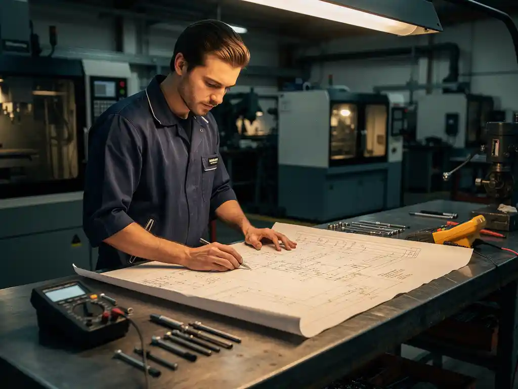 Technicus bestudeert gedetailleerde schematische blauwdruk op stalen werkbank met precisiegereedschap en digitale multimeter.