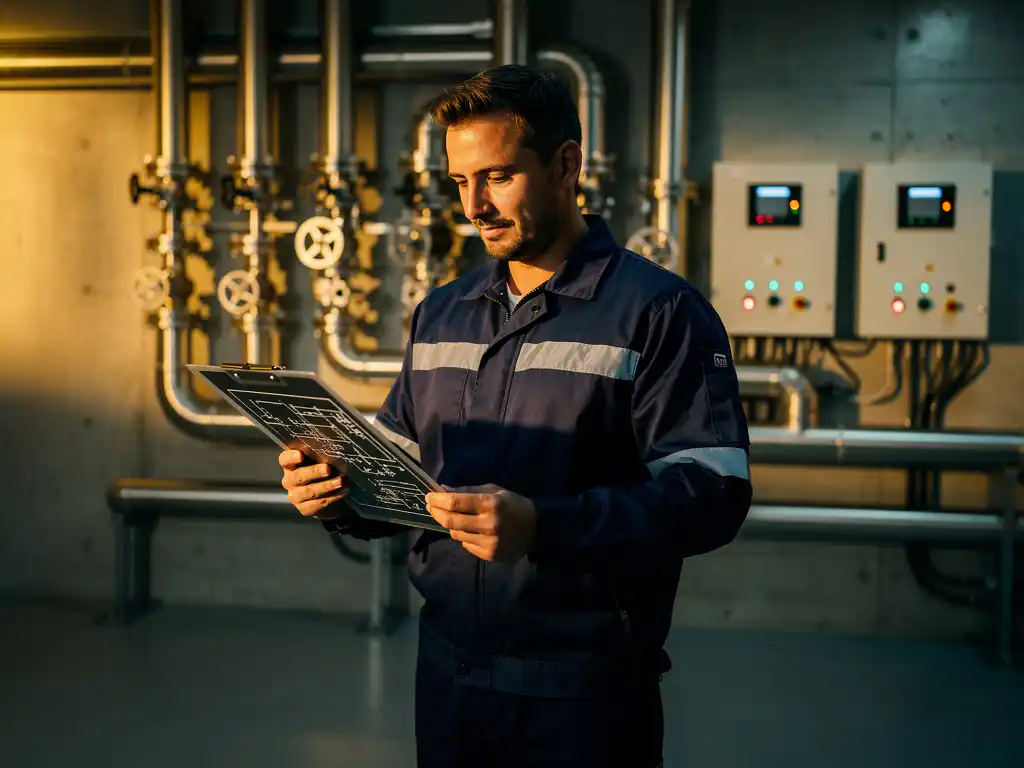 Technicus in werkkleding bestudeert technische schema's op klembord in industriële faciliteit met stalen leidingen en elektrische panelen.