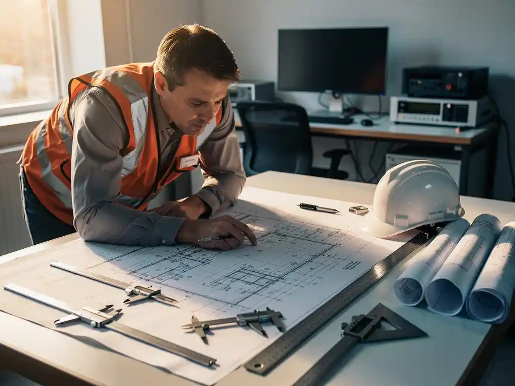 Werkvoorbereider bestudeert technische bouwtekeningen op een grote tekentafel, omringd door meetgereedschap en een veiligheidshelm.
