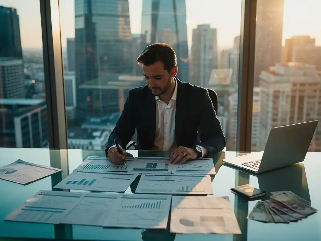 Bedrijfscontroller analyseert financiële rapporten op glazen bureau met paspoort, buitenlandse valuta en laptop, stadsgezicht op achtergrond.
