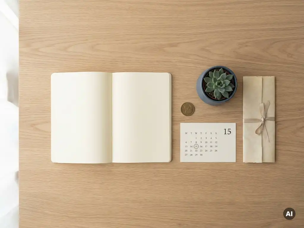 Eiken bureau met notitieboek en symbolische objecten — munt, kalenderkaart, plantje en document — die arbeidsvoorwaarden buiten salaris verbeelden.