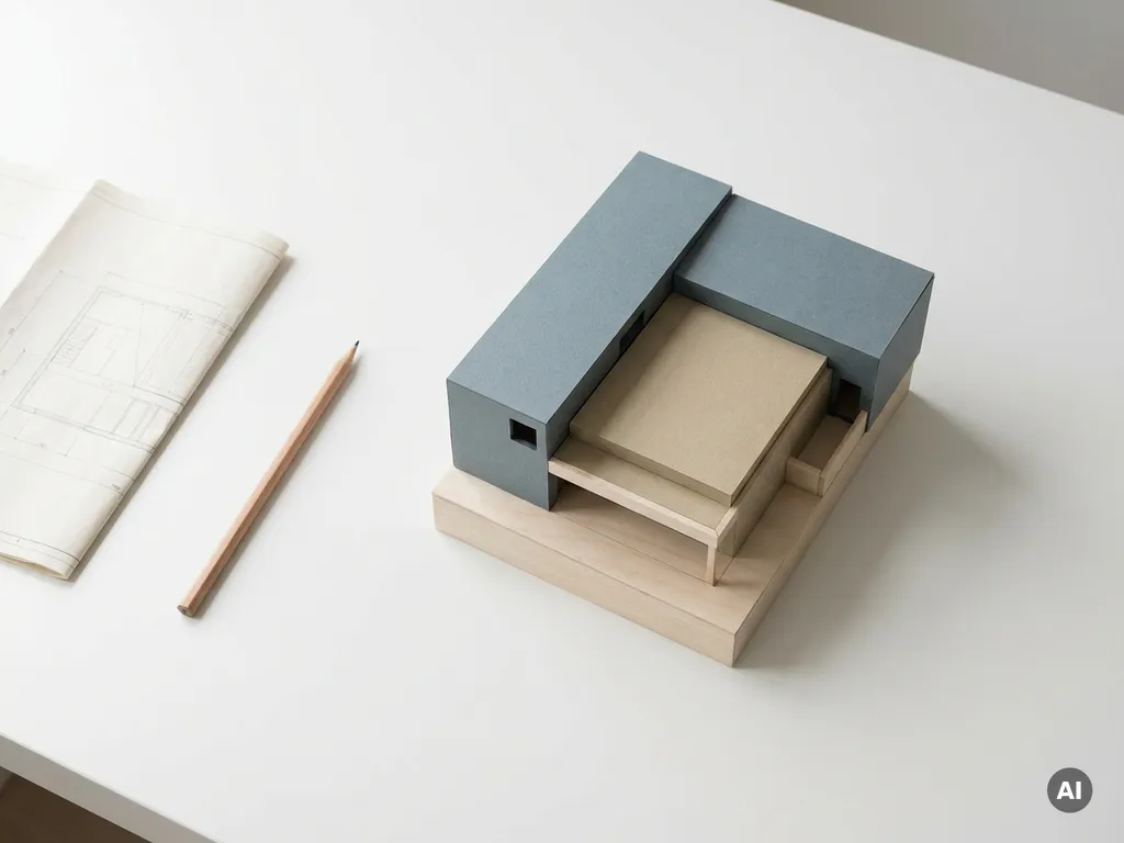 Architectuurmaquette van modern gebouw op wit bureau, met scherp potlood en technische tekening in gedempte blauw- en zandtinten.