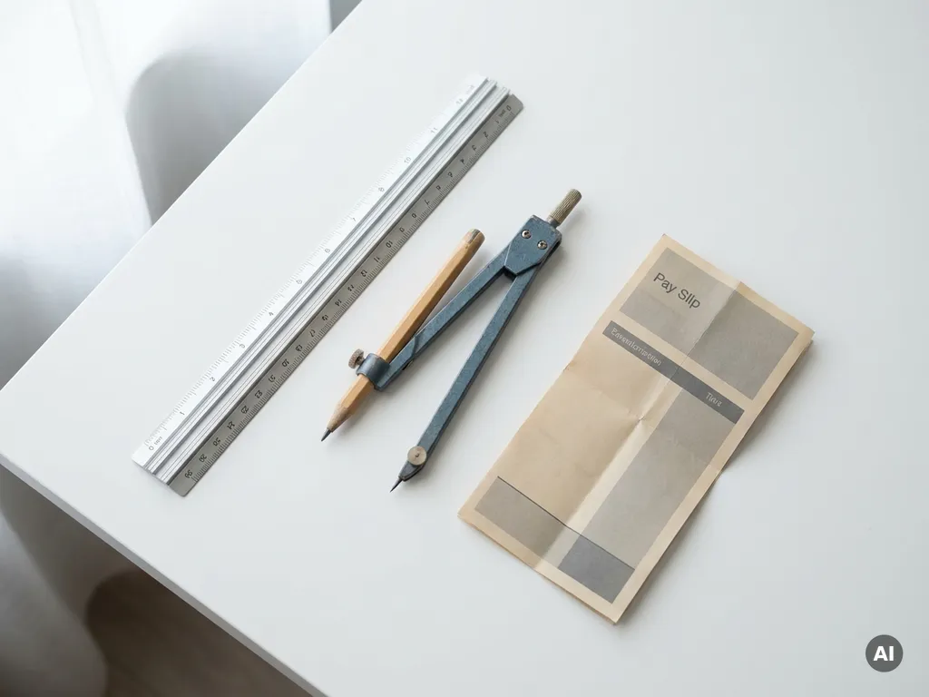 Architectengereedschap met passer en liniaal naast een loonstrook op wit bureau, bovenaanzicht in zacht daglicht.