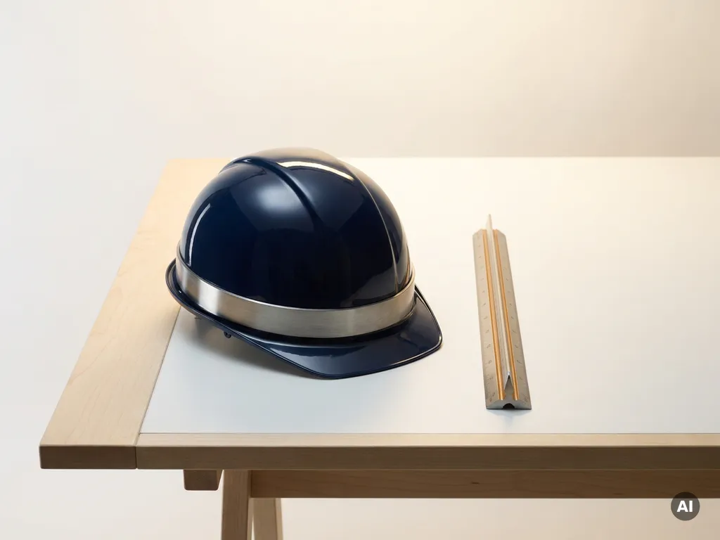 Glanzende veiligheidshelm op een tekentafel naast een omhoogwijzende architectenlineaal, in marineblauw en geborsteld staal.