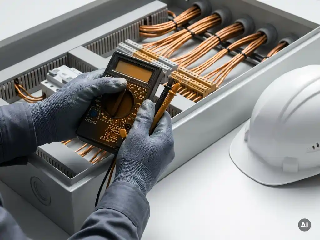 Technicus houdt multimeter boven elektrische schakelkast met koper bedrading, veiligheidshelm op witte ondergrond.