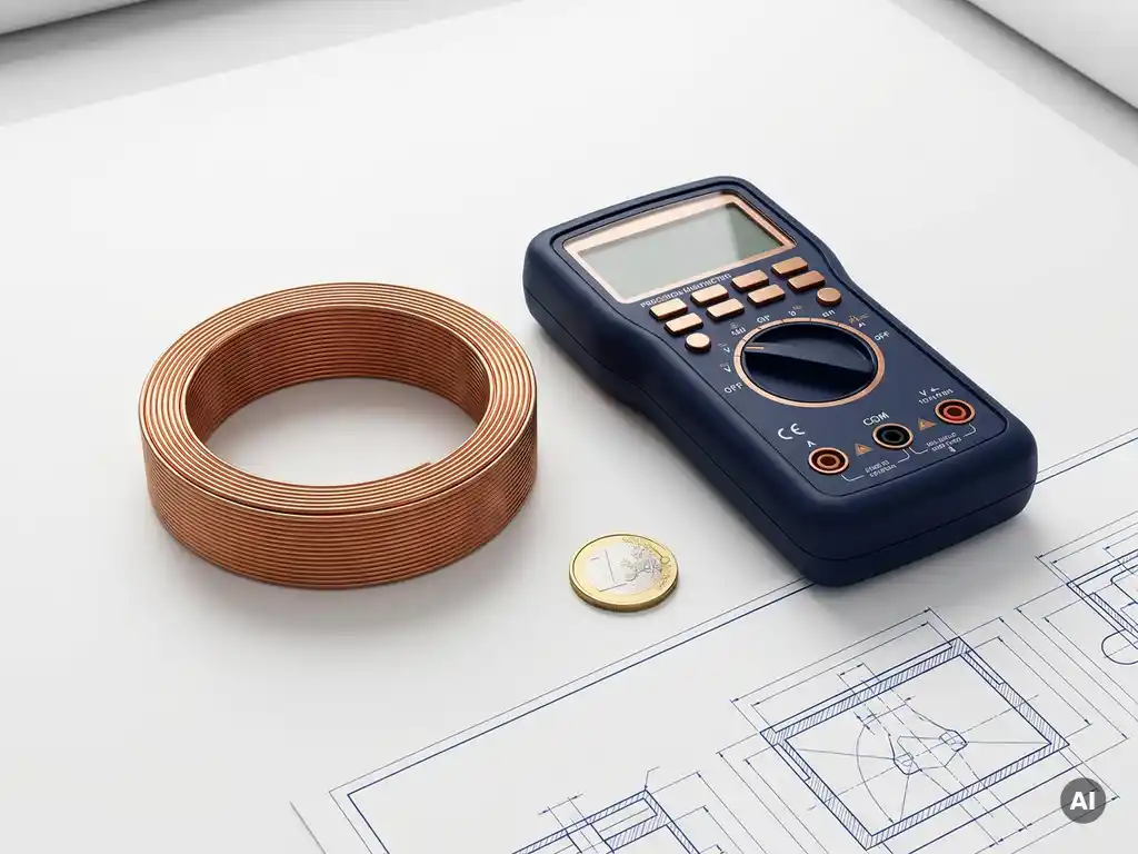 Koperen wikkelspoel en precisie-multimeter op technische blauwdrukken, met een euromunt als schaalaanduiding.