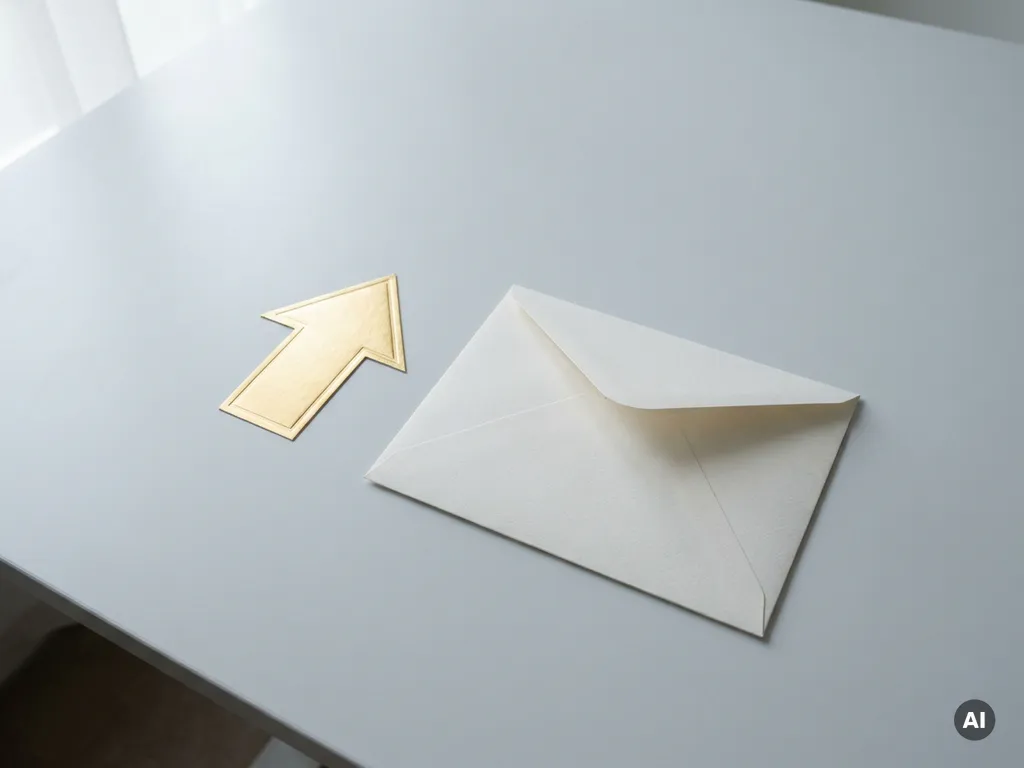 Witte envelop op lichtgrijs bureau met gouden pijl omhoog, minimalistisch bovenaanzicht in zacht daglicht.