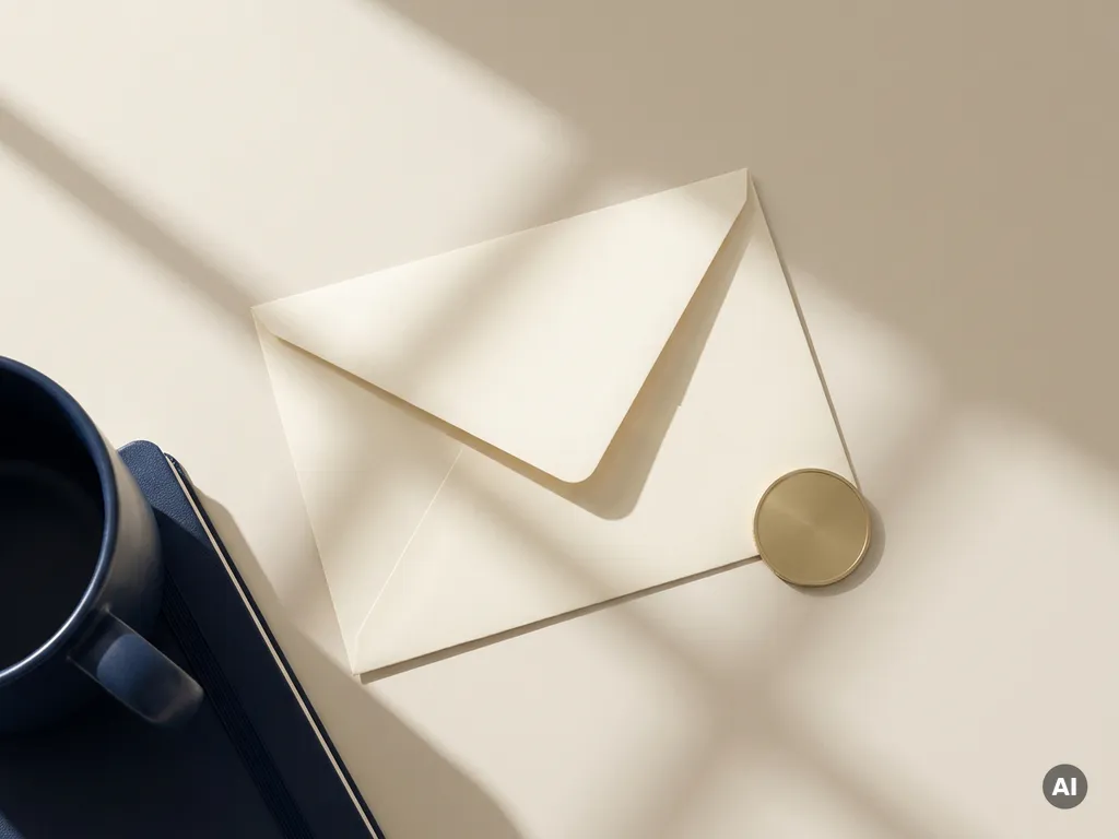 Ongeopende witte envelop naast een glanzende gouden munt op een minimalistisch bureau, bovenaanzicht met zachte schaduwen.
