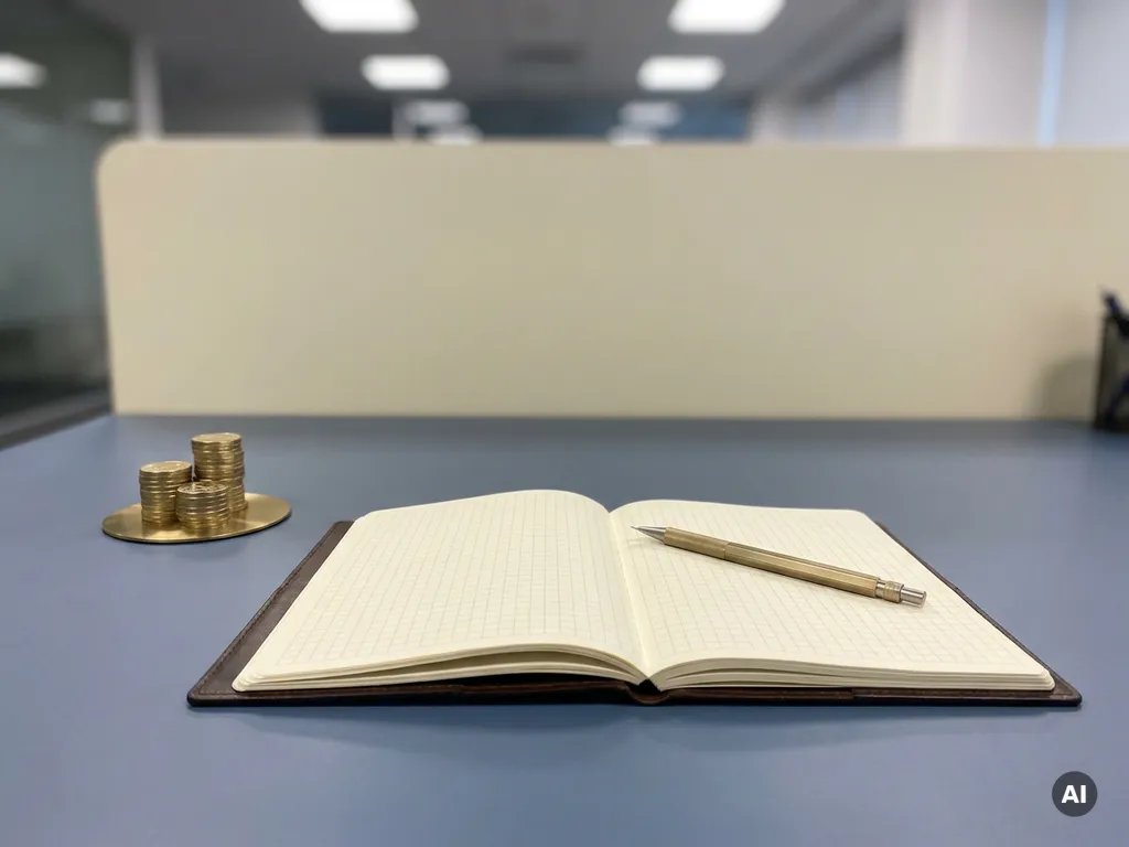 Financieel controller bureau met open leren notitieboek, mechanisch potlood en geometrisch gestapelde munten in leisteen, ivoor en goud.