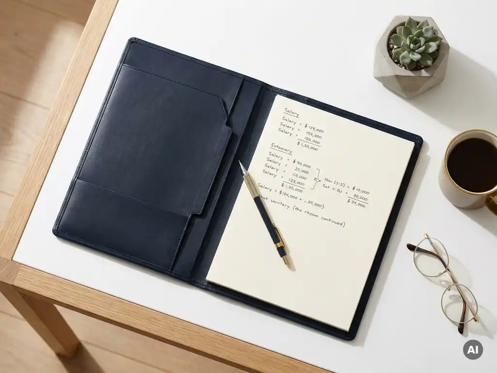 Opengeslagen leren portfolio met salarisoverzicht op minimalistisch bureau, mechanisch potlood en geometrische vetplant, navy en goudtinten.