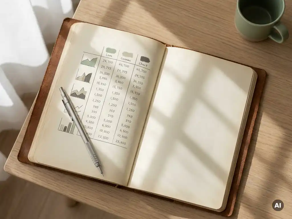 Leren notitieboek met salarisoverzicht en mechanisch potlood op minimalistisch bureau, fotografeerd van bovenaf.