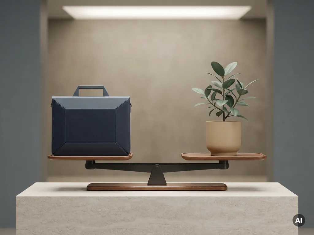 Twee minimalistische weegschalen met een aktetas en kantoorplant, symboliserend de afweging tussen freelancewerk en vast dienstverband.