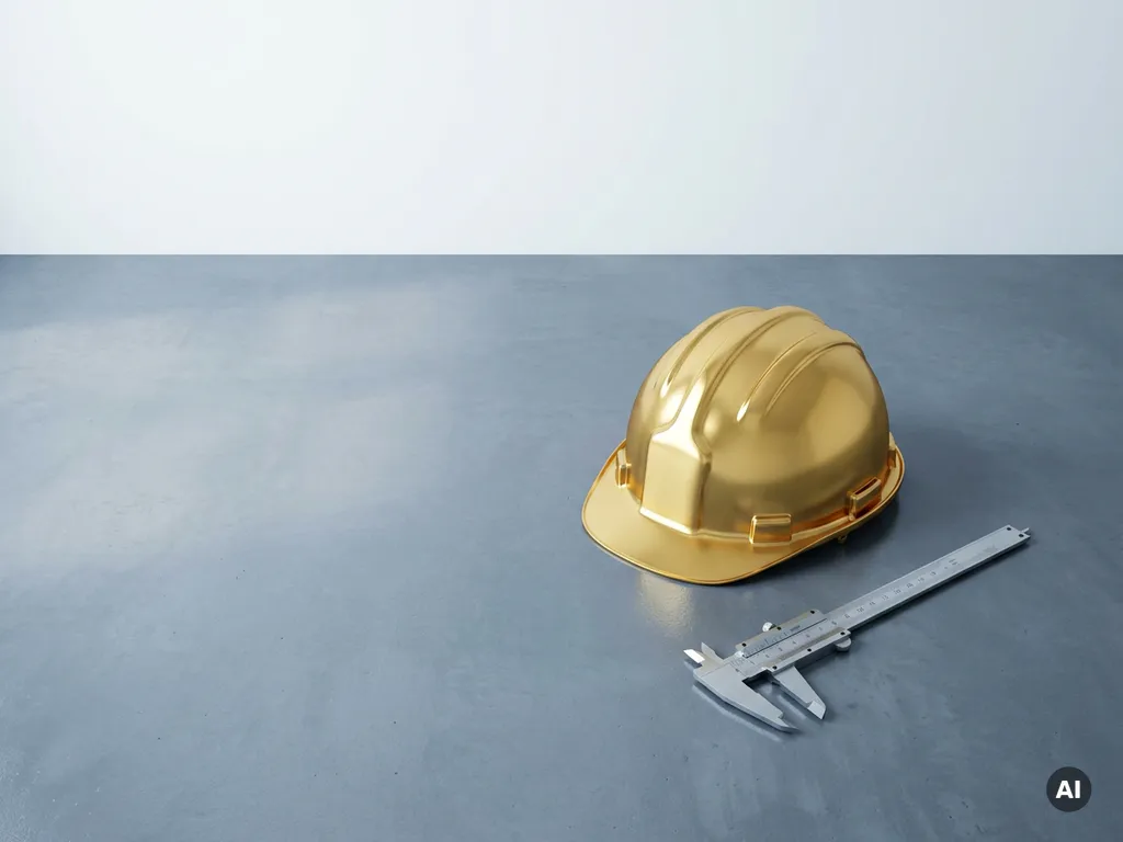 Gouden ingenieurhelm naast een stalen schuifmaat op betonnen ondergrond, bovenaanzicht met zacht directioneel licht.