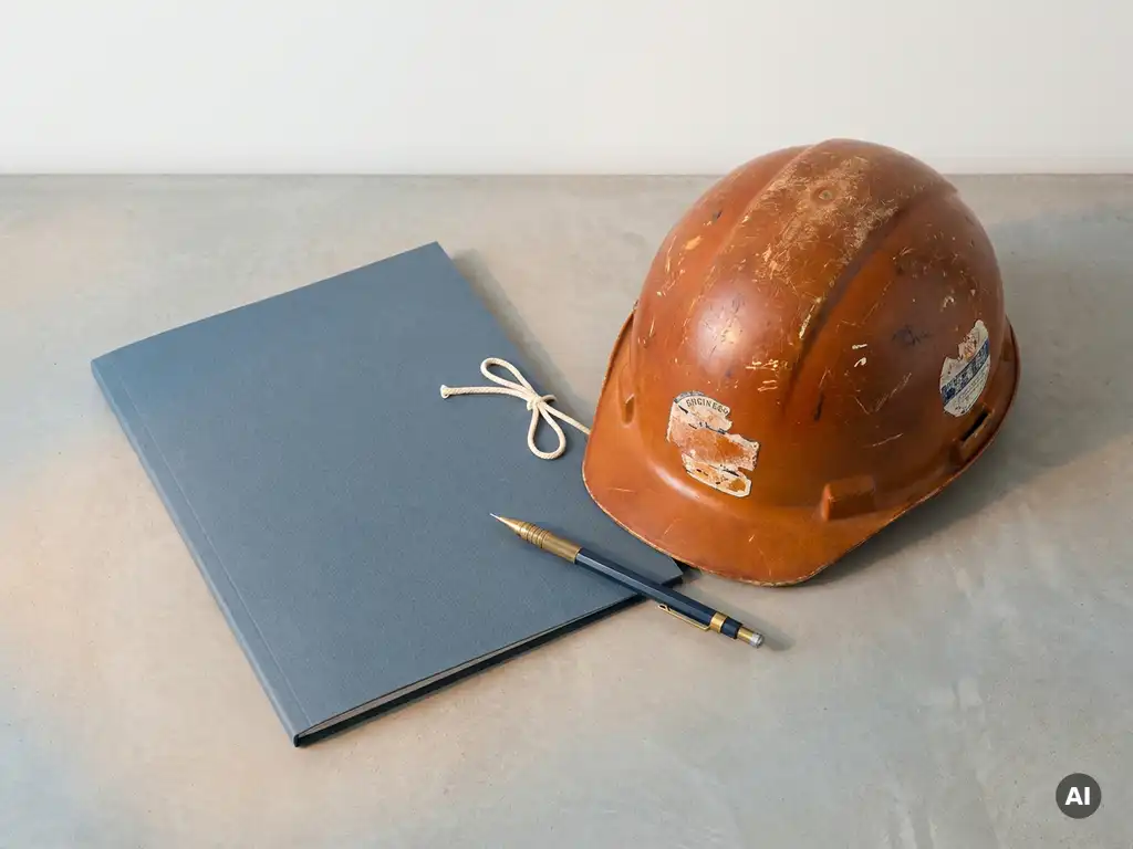 Versleten bouwhelm en architectuurmap op betonnen bureau, verbonden door een technisch potlood, strakke bovenaanzicht compositie.
