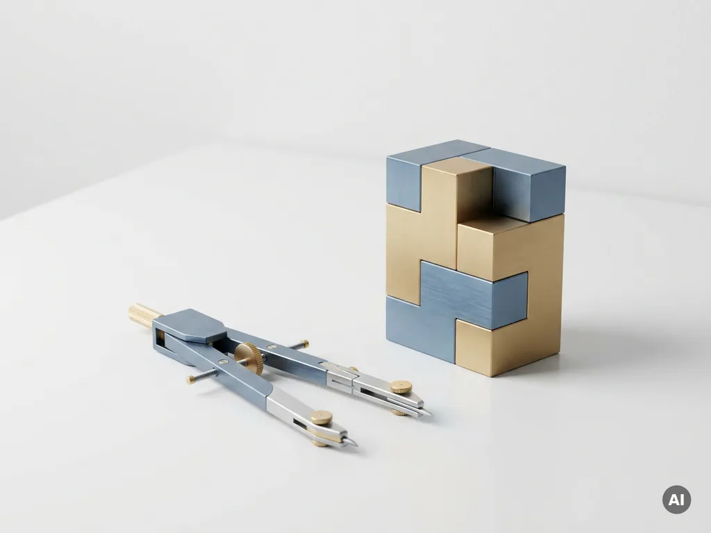 Ingenieurspasser geopend op wit bureau naast geometrische metalen blokken als salarisindicator, leisteenblauw en goud.