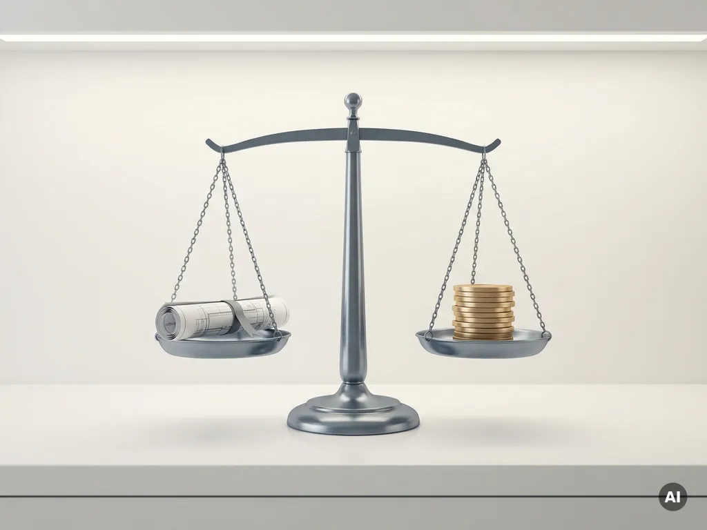 Metalen balansweegschaal op wit bureau met technische blauwdruk tegenover gestapelde gouden munten, minimalistische compositie.