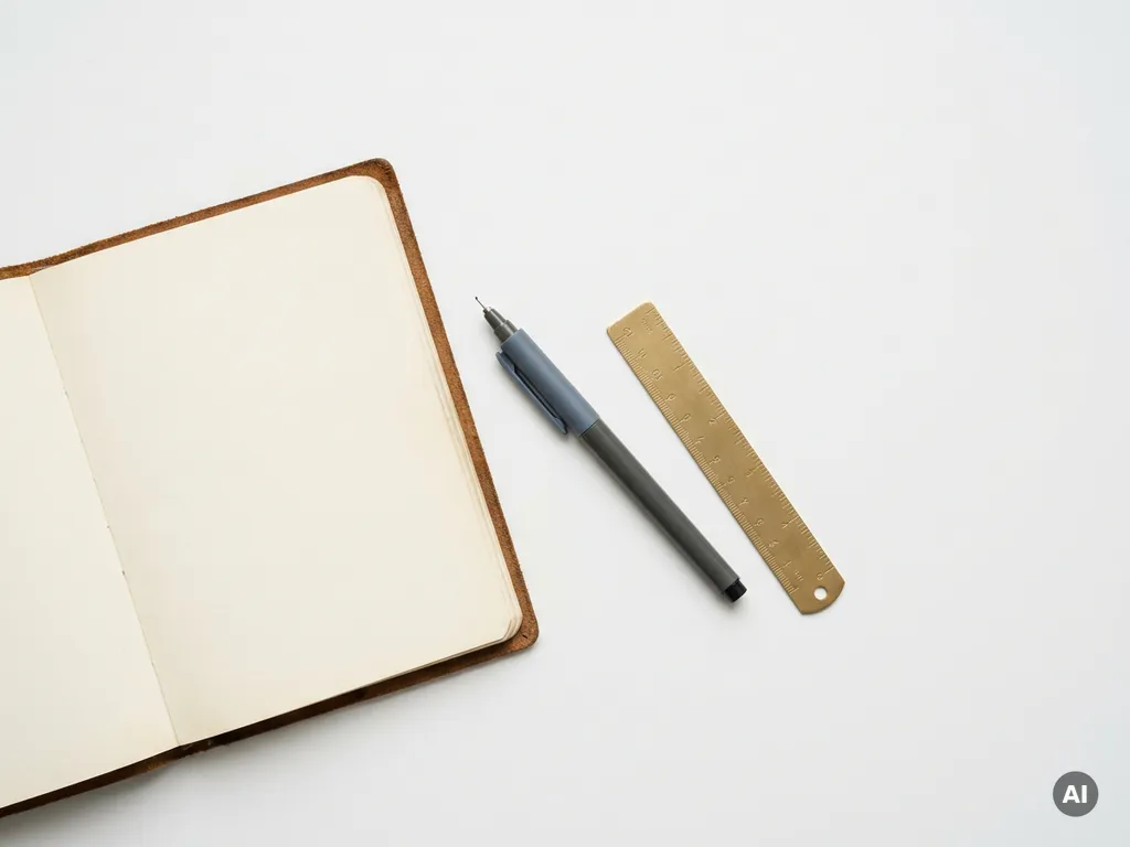 Versleten leren notitieboek opengeslagen op blanco pagina met technische pen en messing liniaal op wit bureau.