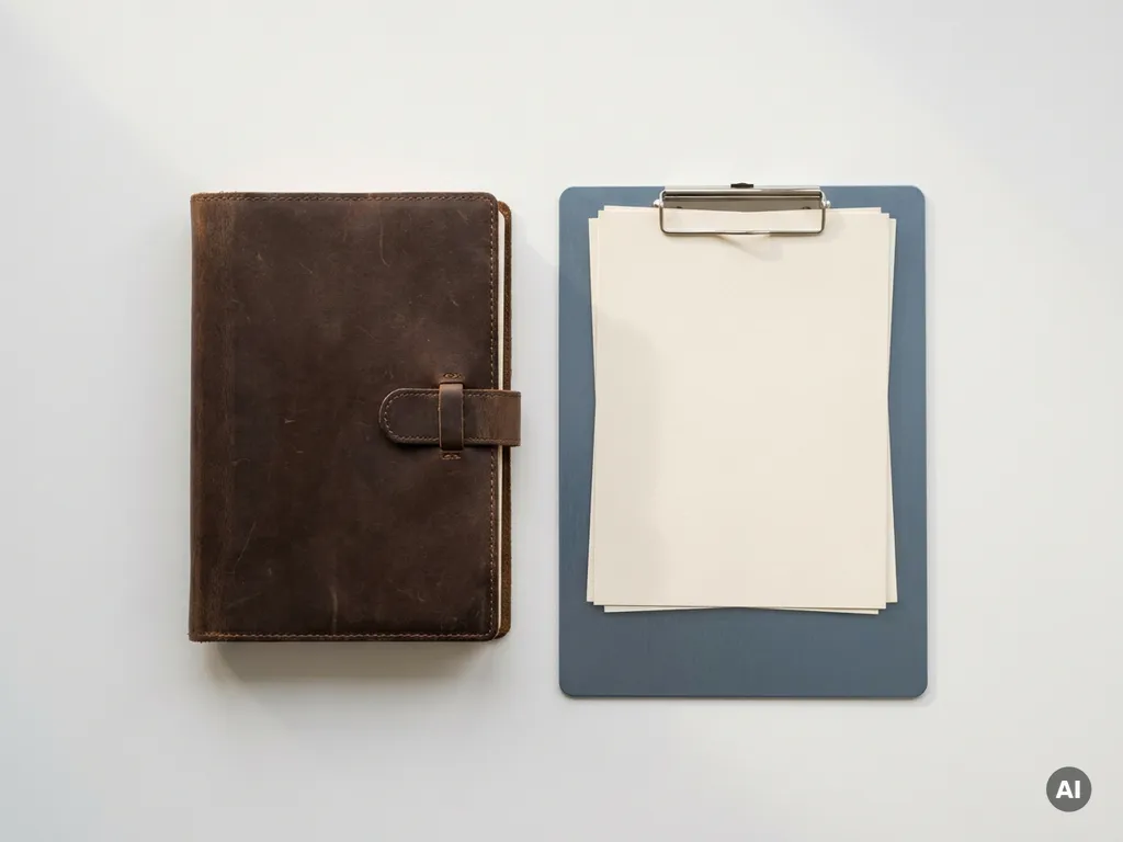 Leren agenda en klembord met losse papieren naast elkaar op wit bureau, symboliseren structuur versus flexibiliteit.
