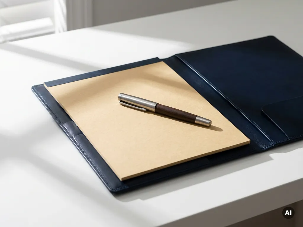 Open leren portfolio met een pen diagonaal op lege onderhandelingsnotities, op een wit bureau met zachte geometrische schaduwen.