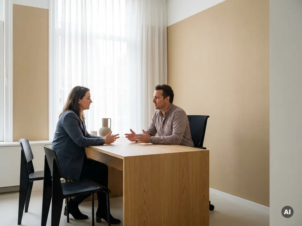 Consultant en werkzoekende in gesprek aan een eikenhouten bureau in een modern Utrechts kantoor met natuurlijk licht.