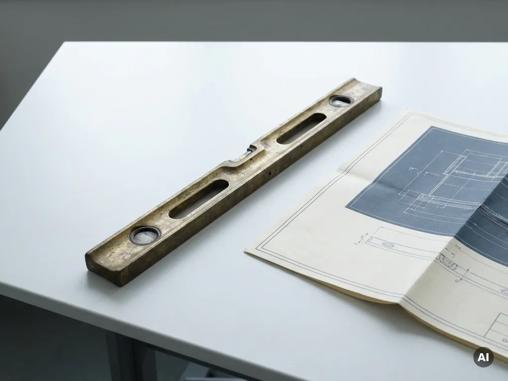 Verouderd messing waterpas diagonaal op wit tekenbord, naast een gevouwen technische schematische tekening.