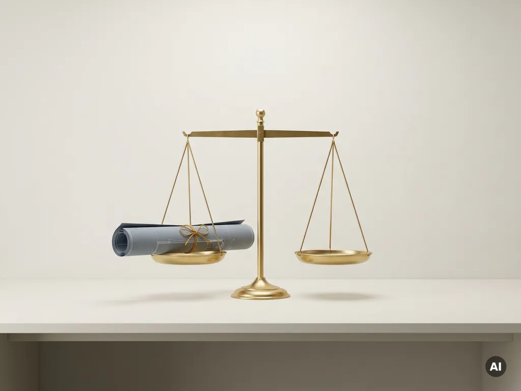 Messing balansweegschaal op wit bureau met een opgerolde architectentekening op één schaal, minimalistische compositie in goud- en grijstinten.