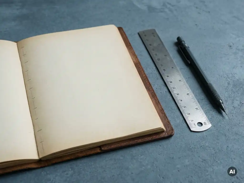 Open leren notitieboek met metalen liniaal en mechanisch potlood op betonnen bureau, minimalistische compositie in leisteen en zandtinten.