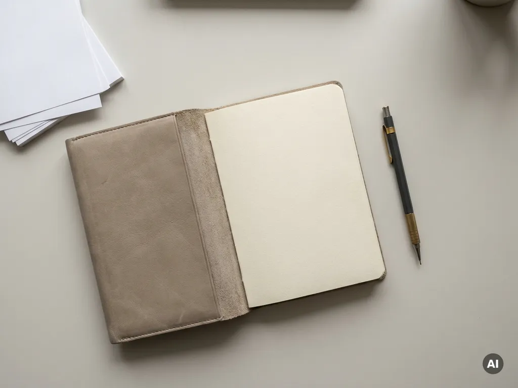 Open lederen notitieboek met mechanisch potlood en stapel documenten op lichtgrijs bureau, minimalistische flatlay.
