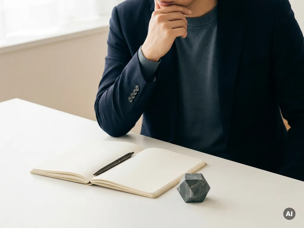 Professional pauzeert bedachtzaam bij open notitieboek op minimalistisch wit bureau met pen en geometrisch stenen presse-papier.