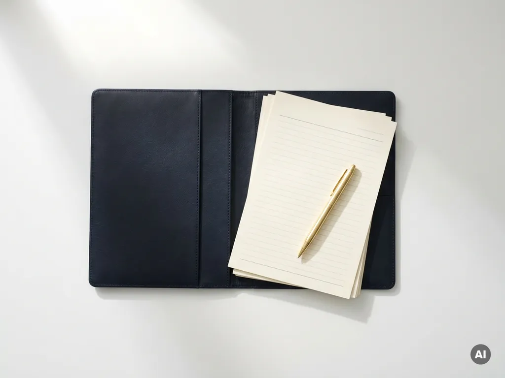 Opengeslagen leren portfolio op wit bureau met gouden pen op financiële documenten, strak minimalistisch bovenaanzicht.