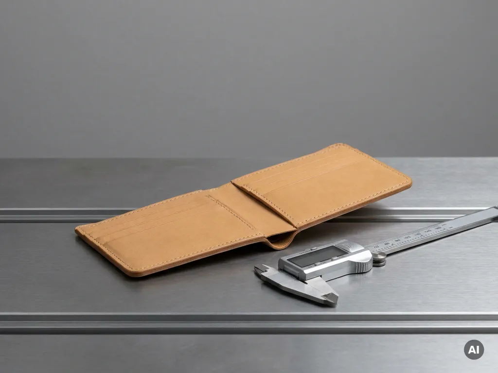 Opengevouwen leren portemonnee op stalen werkblad naast een glanzende schuifmaat, zachte belichting en minimalistische compositie.