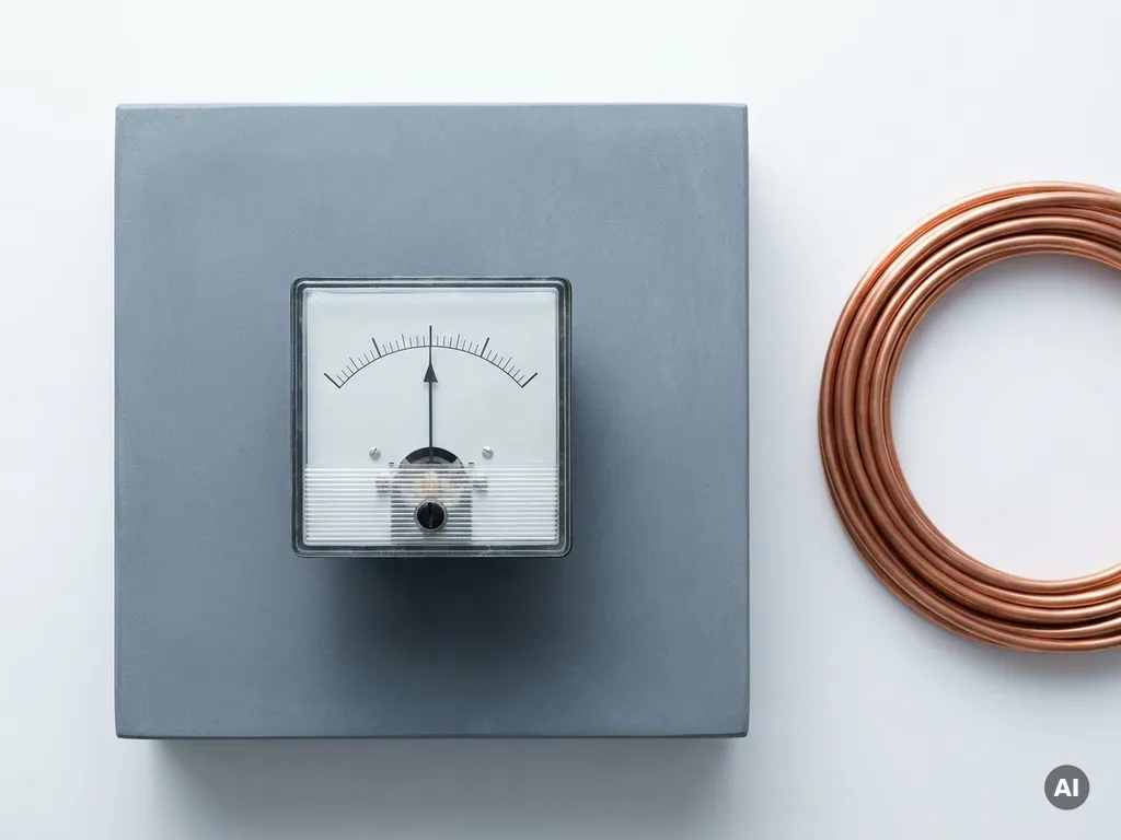 Analoge voltmeter met wijzer op middenschaal naast opgerolde koperen elektrische kabel op betonnen ondergrond, bovenaanzicht.