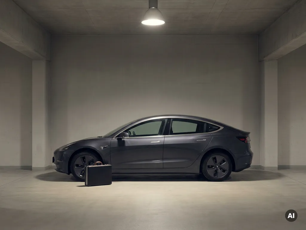 Zakelijke leaseauto geparkeerd in ondergrondse garage met aktetas tegen de voorband, verlicht door één spots.